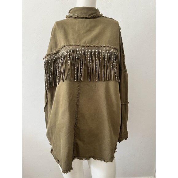 Zara Olive Green Cotton Fringe Trim Studded Snap Button Western Jacket Size Lg - Picture 4 of 9